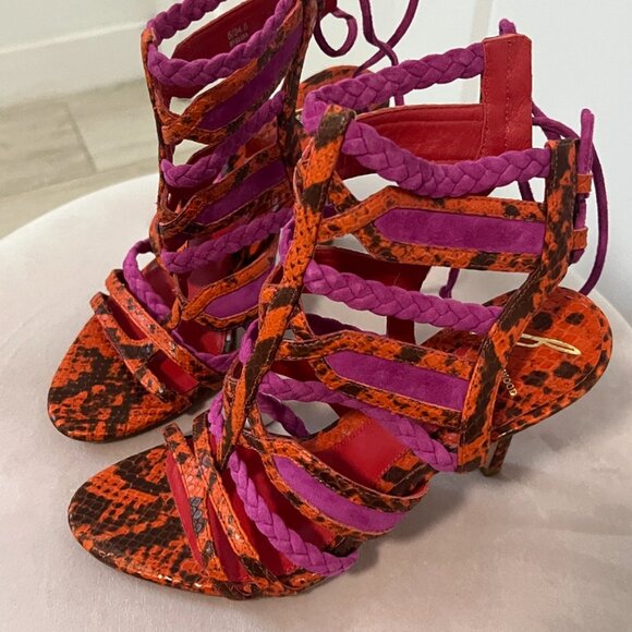 Brian Atwood Leather Braided Snake Print Gladiator Heels Size 5 - Picture 2 of 5